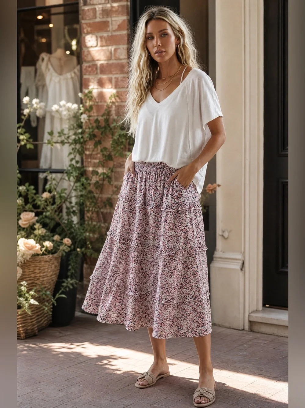 Allegra K Floral Chiffon Skirt XS - Smocked Waist & Tiered